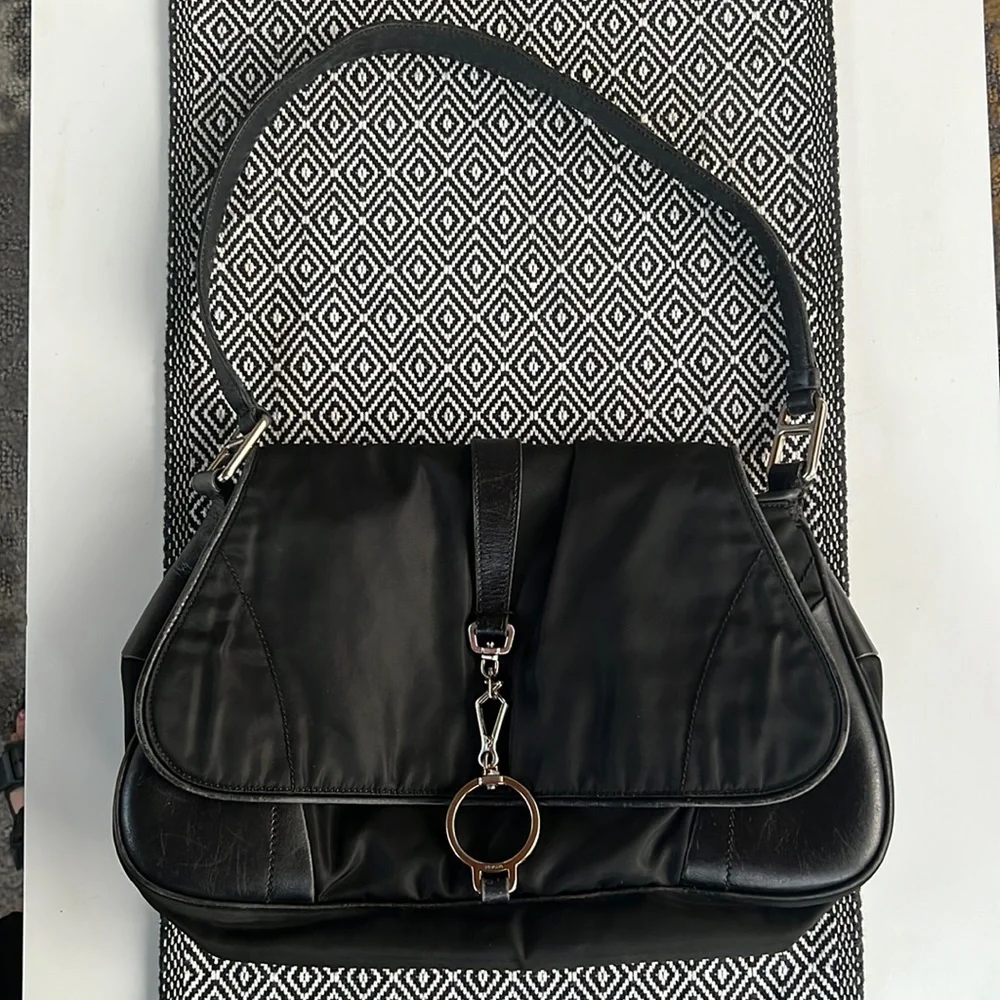 Rare Vintage PRADA Nylon Tessuto Leather Shoulder Hand Bag Purse Black GUC - Picture 3 of 15